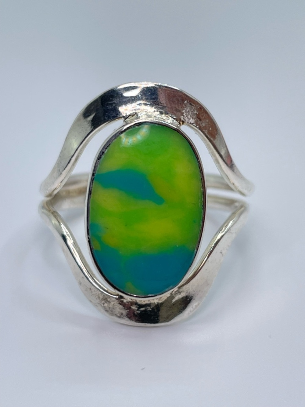 Vintage Taxco Mexico Silver Overlay Green Blue Stone Ring Sz 9 Bold Southwestern - Picture 2 of 9